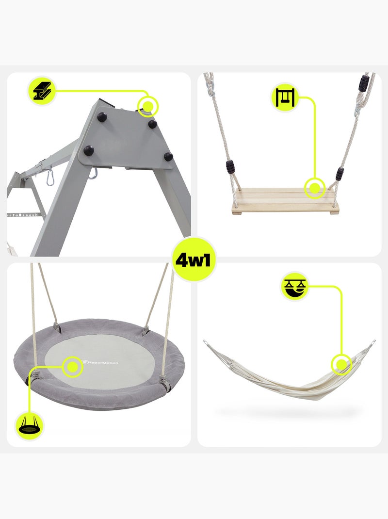 Struttura da Giardino 4 in 1 HyperMotion - Nido d’Uccello, Altalena in Legno e Amaca Oxford Grigio - Kiabi