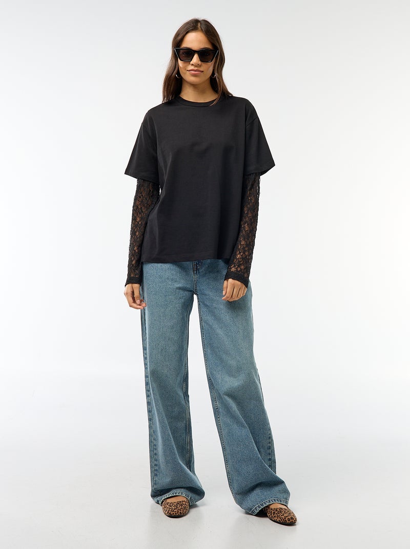 T-shirt 2-in-1 con maniche in pizzo Nero - Kiabi