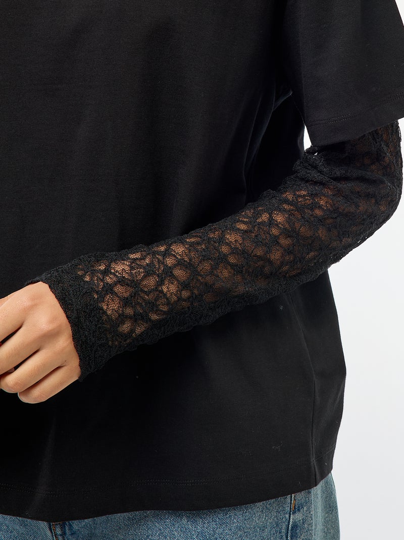 T-shirt 2-in-1 con maniche in pizzo Nero - Kiabi