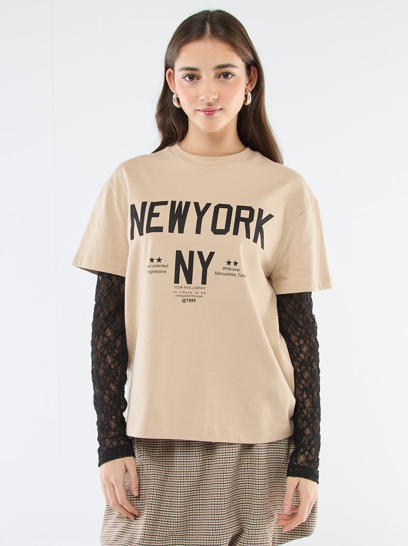 T-shirt 2-in-1 con pizzo Beige - Kiabi