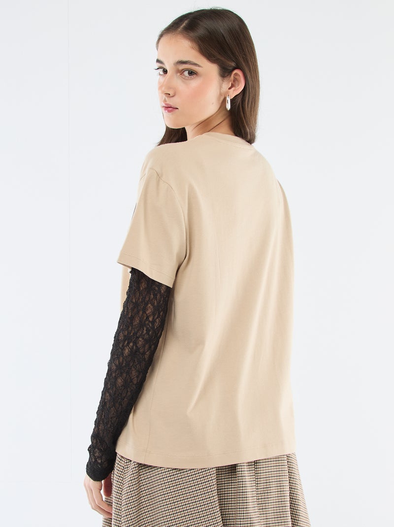 T-shirt 2-in-1 con pizzo Beige - Kiabi