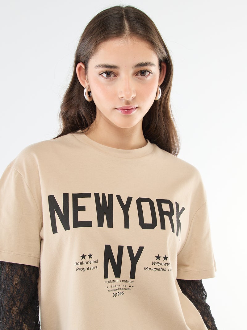 T-shirt 2-in-1 con pizzo Beige - Kiabi