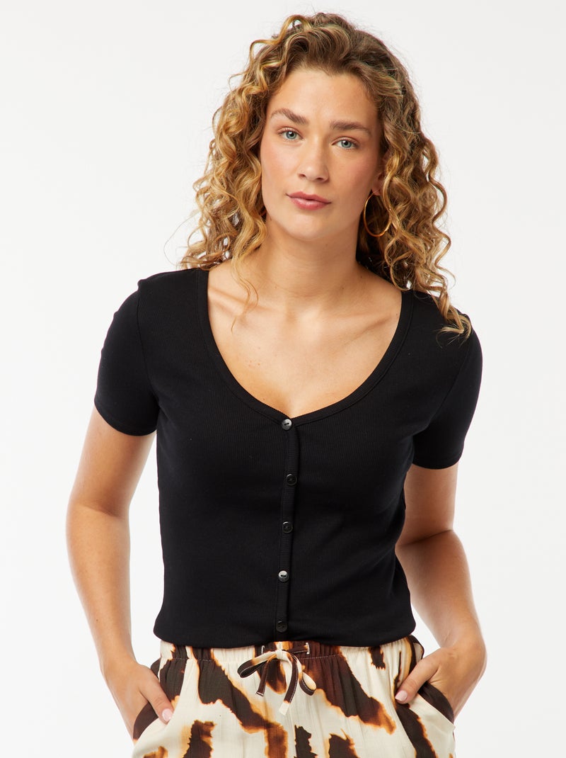 T-shirt a a coste con apertura con bottoni nero - Kiabi