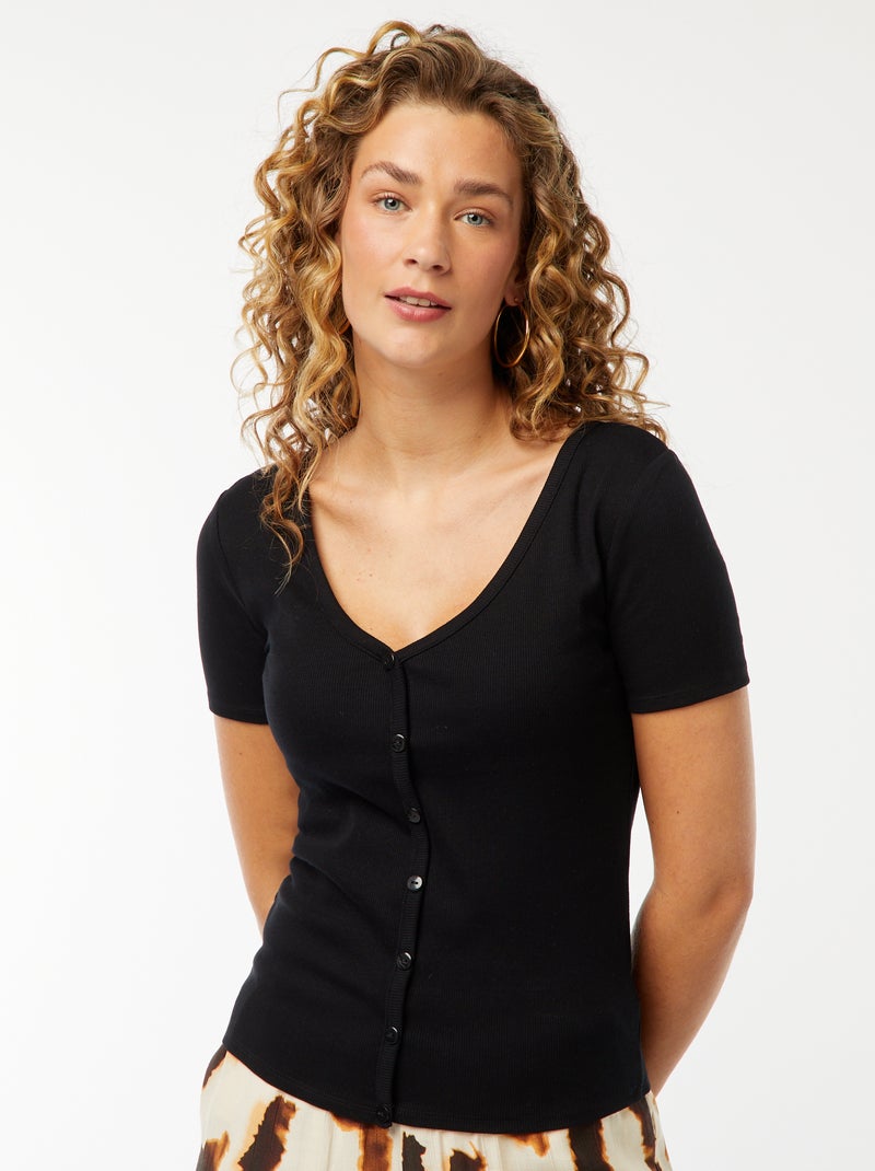 T-shirt a a coste con apertura con bottoni nero - Kiabi