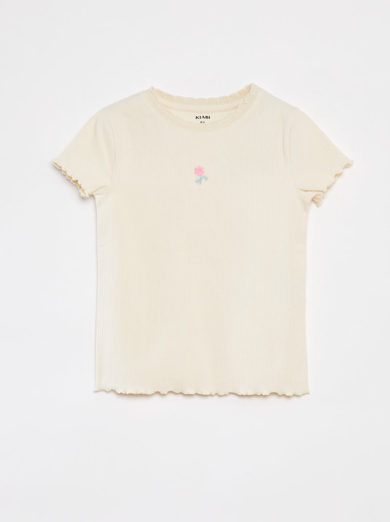 T-shirt a coste a maniche corte con bordi smerlati BIANCO - Kiabi