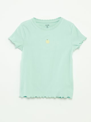 T-shirt a coste a maniche corte con bordi smerlati