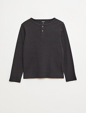 T-shirt a coste a maniche lunghe con collo alla tunisina