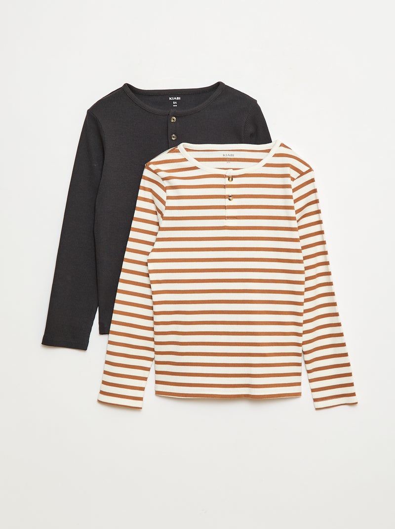 T-shirt a coste a maniche lunghe con collo alla tunisina Marrone - Kiabi