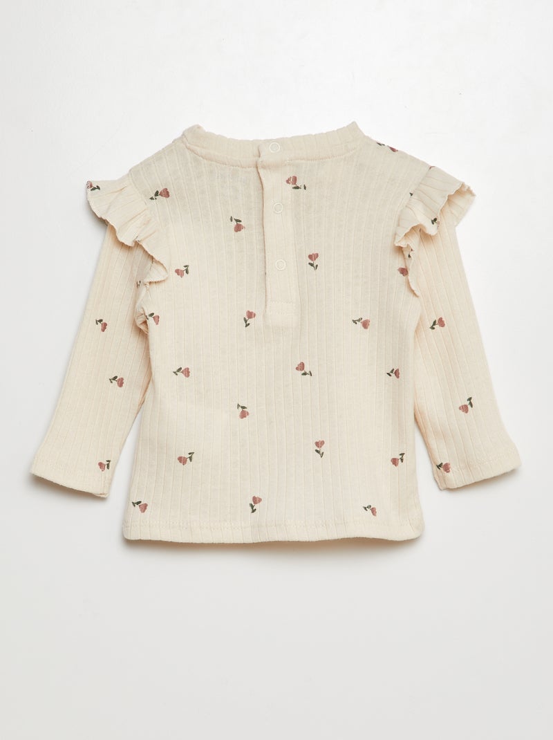 T-shirt a coste a maniche lunghe con volant sul giromanica BIANCO - Kiabi