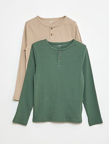 T-shirt a coste a maniche lunghe con collo alla tunisina