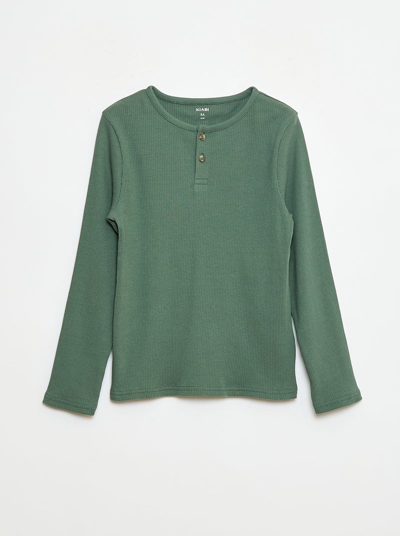 T-shirt a coste a maniche lunghe e con collo alla tunisina Kaki - Kiabi