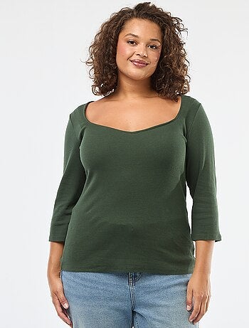 T-shirt a coste con ampia scollatura