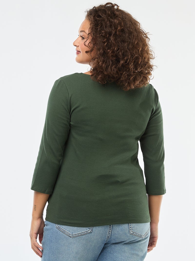 T-shirt a coste con ampia scollatura Kaki - Kiabi