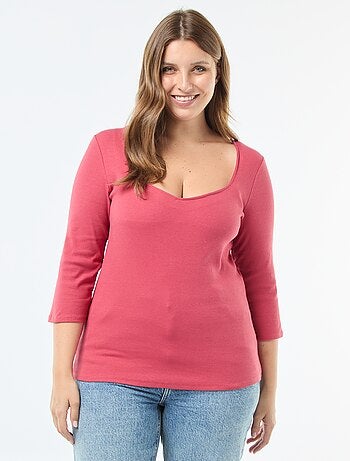 T-shirt a coste con ampia scollatura