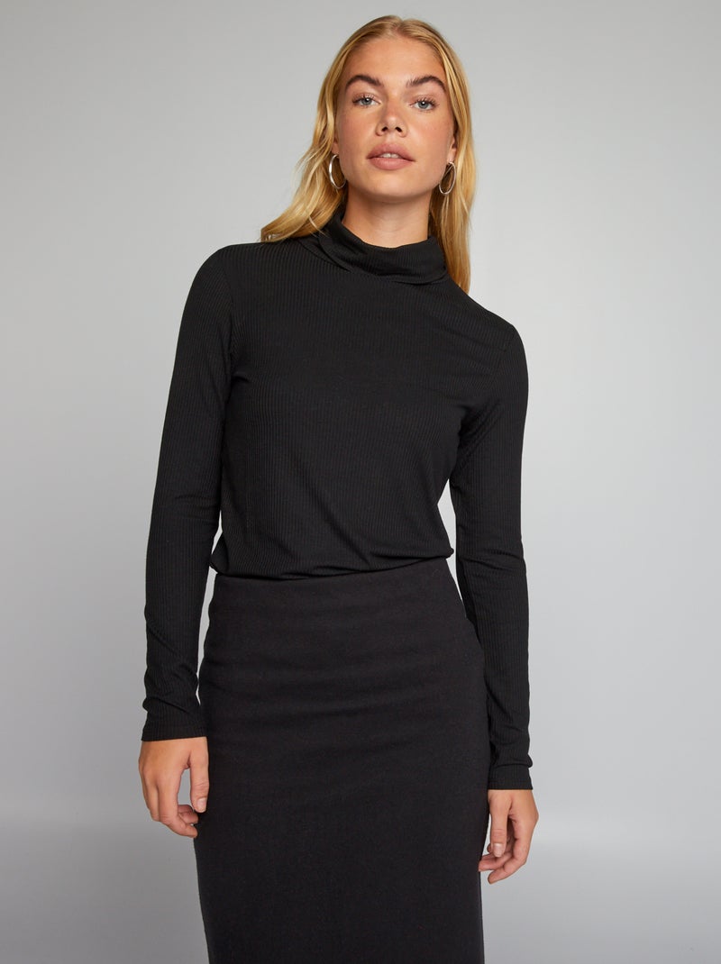 T-shirt a coste con collo a dolcevita nero - Kiabi