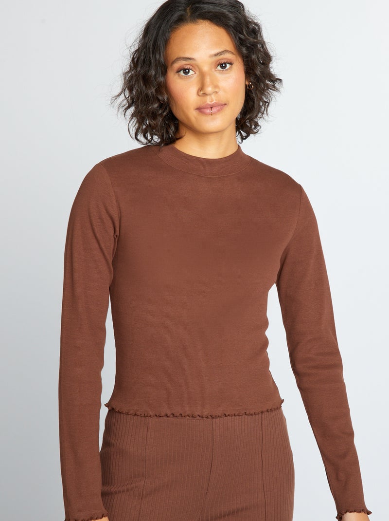 T-shirt a coste con collo alto MARRONE - Kiabi
