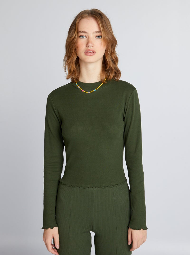 T-shirt a coste con collo alto VERDE - Kiabi