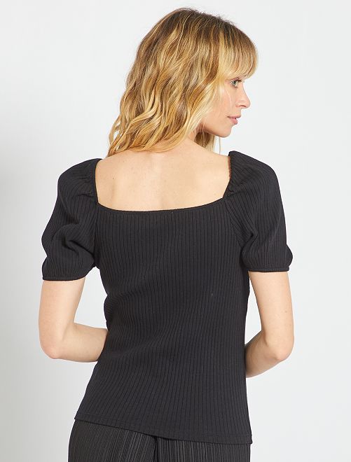 T-shirt a coste con maniche a sbuffo - nero - Kiabi - 10.00€