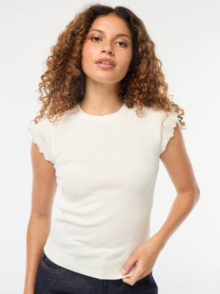 T-shirt a coste con maniche con volant