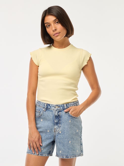 T-shirt a coste con maniche con volant - Kiabi