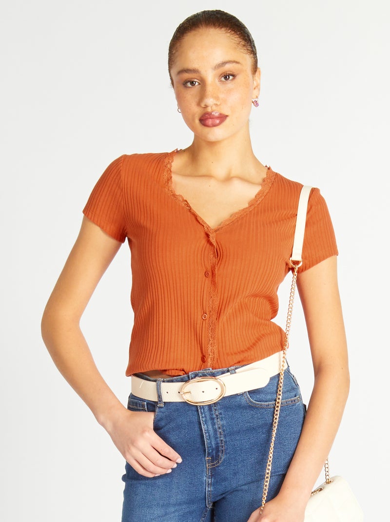 T-shirt a coste con pizzo Arancione - Kiabi