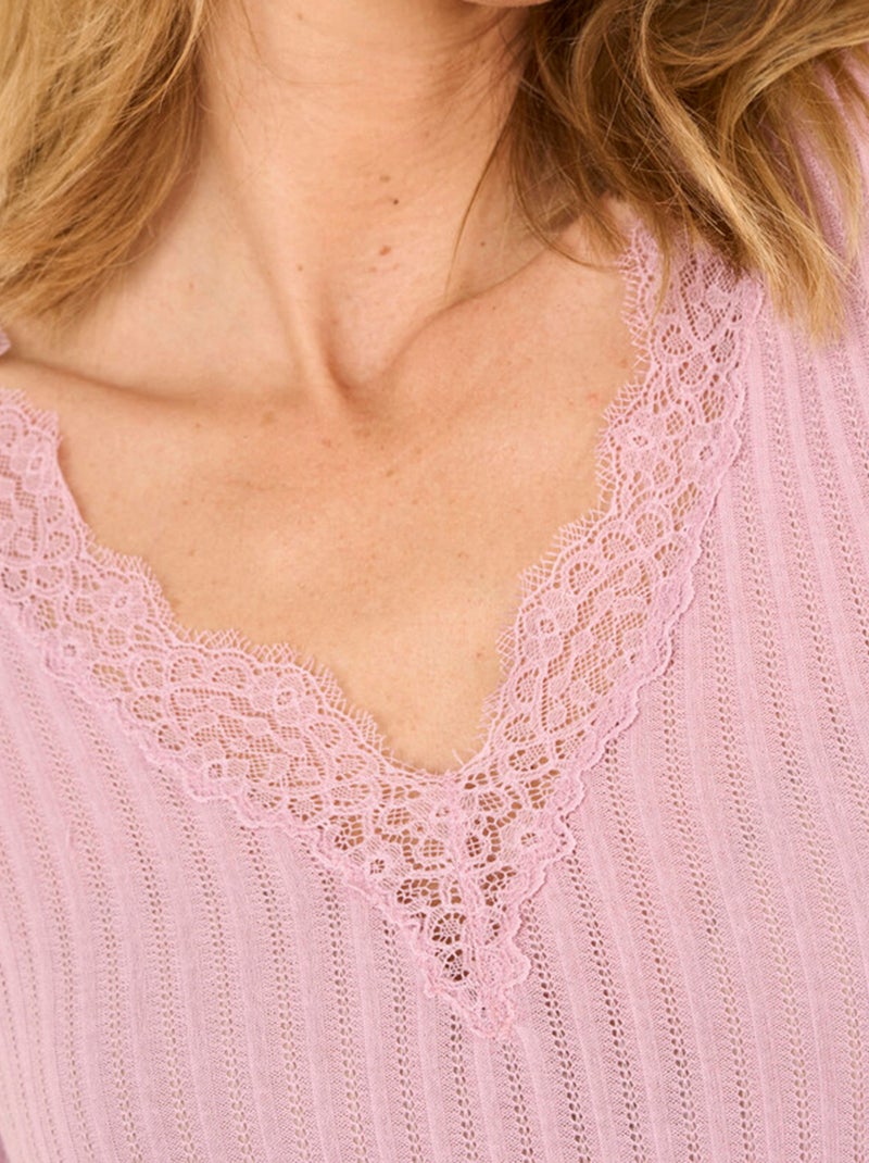 T-shirt a coste con pizzo termolattile 'Damart' ROSA - Kiabi