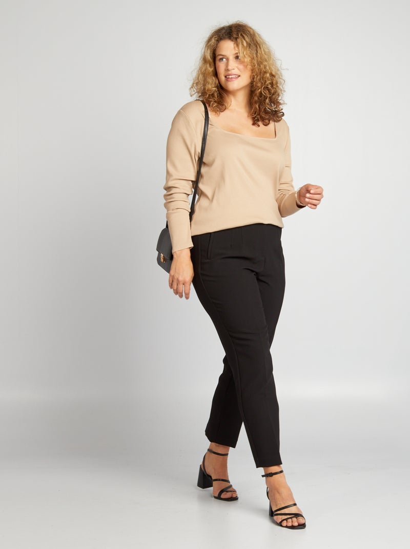 T-shirt a coste con scollo quadrato BEIGE - Kiabi