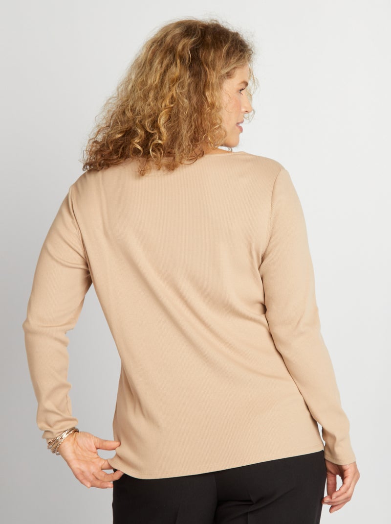 T-shirt a coste con scollo quadrato BEIGE - Kiabi