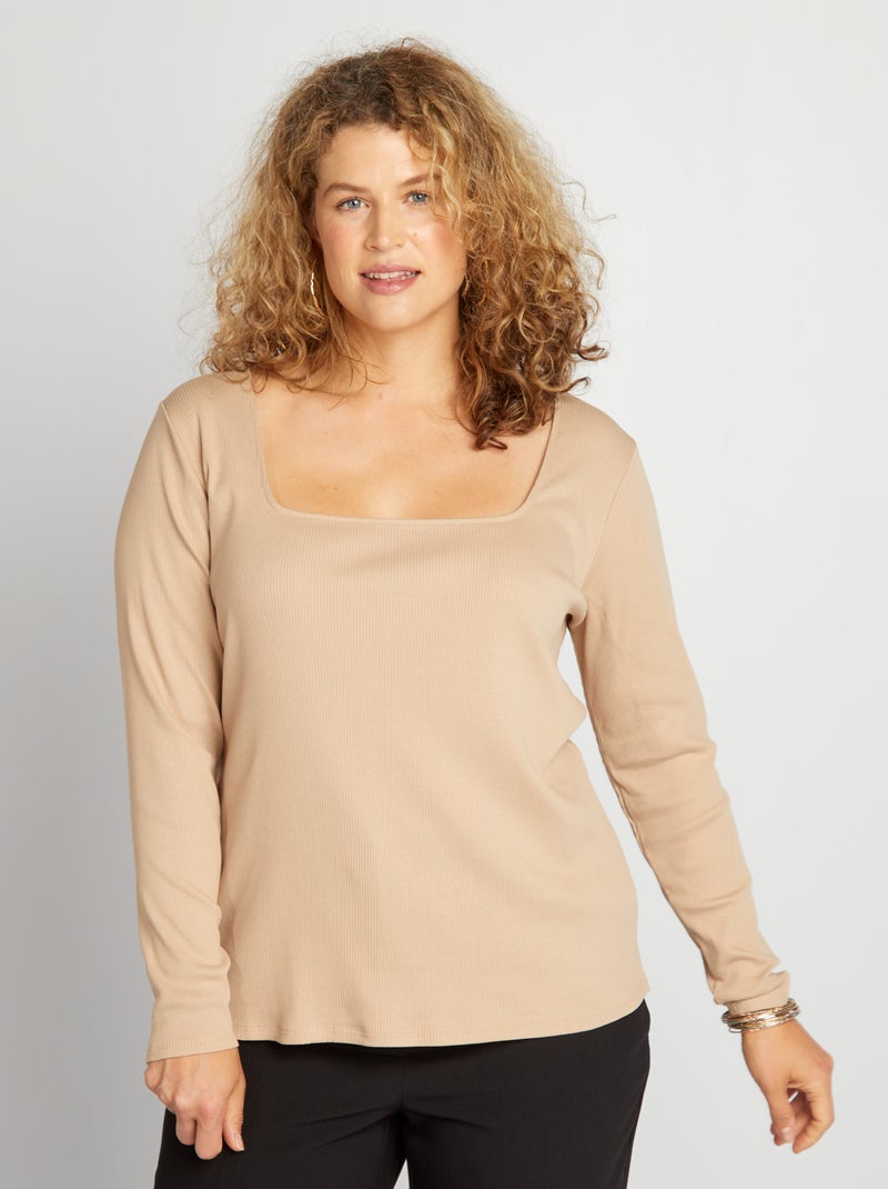 T-shirt a coste con scollo quadrato BEIGE - Kiabi