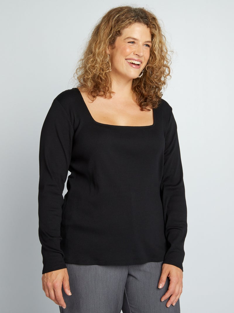 T-shirt a coste con scollo quadrato nero - Kiabi