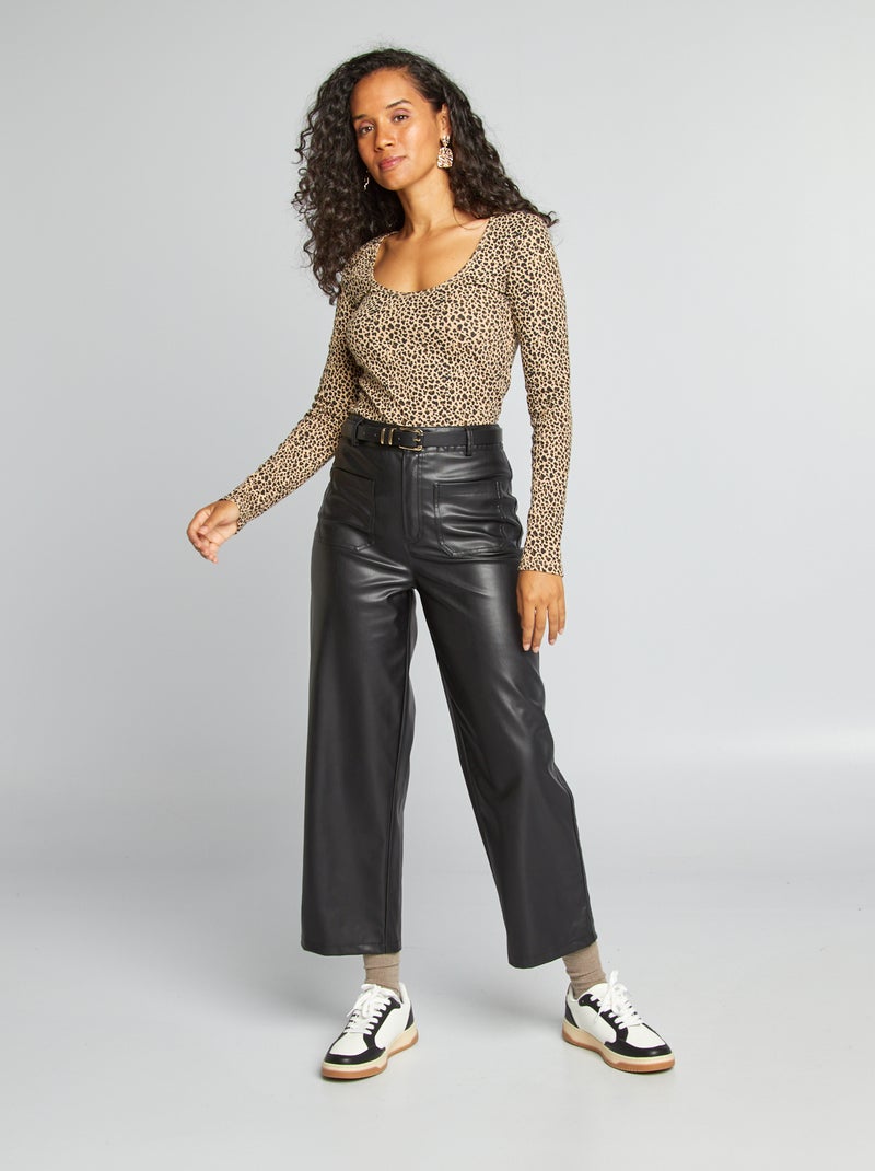 T-shirt a coste con scollo tondo BEIGE - Kiabi