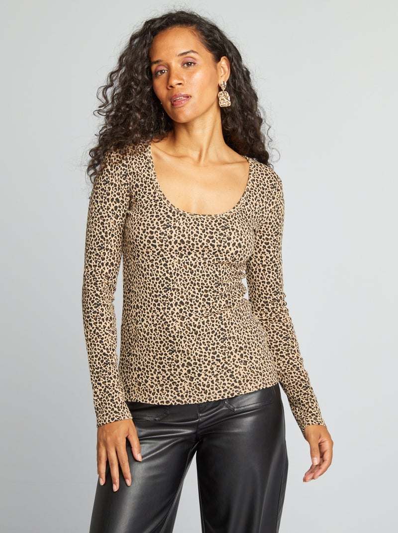 T-shirt a coste con scollo tondo BEIGE - Kiabi