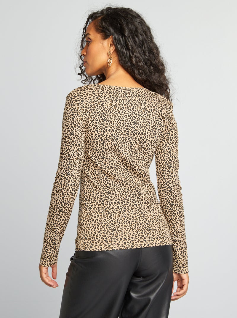 T-shirt a coste con scollo tondo BEIGE - Kiabi