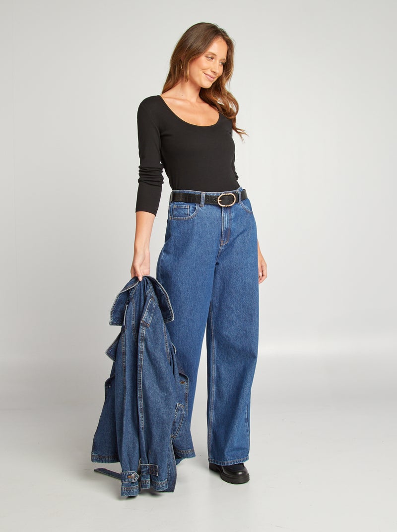 T-shirt a coste con scollo tondo nero - Kiabi