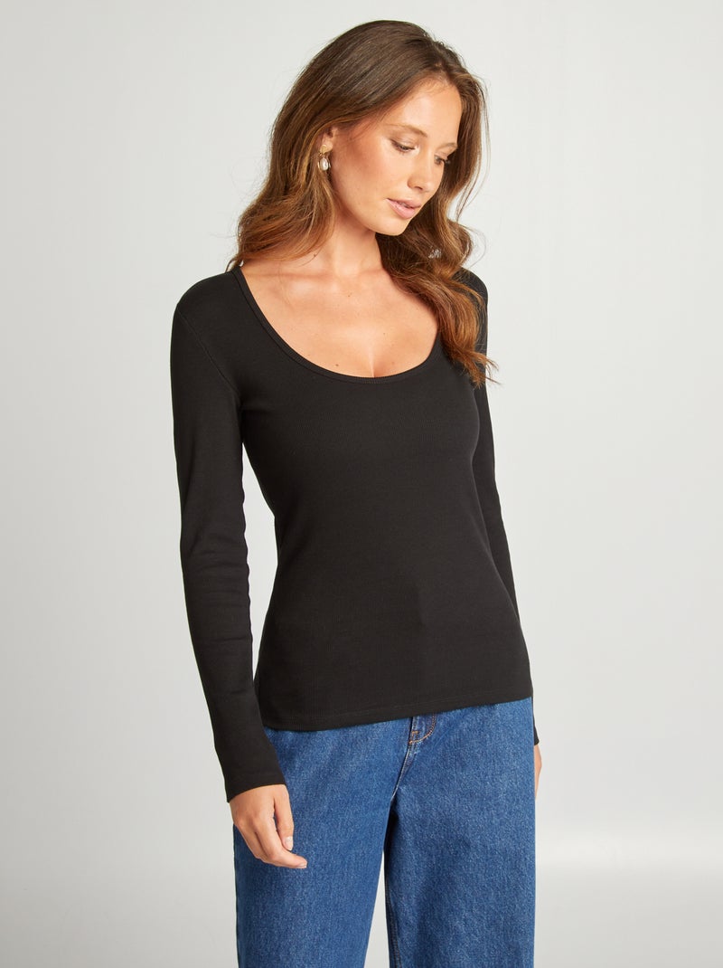 T-shirt a coste con scollo tondo nero - Kiabi