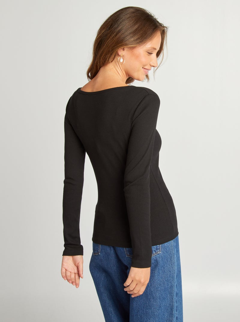 T-shirt a coste con scollo tondo nero - Kiabi
