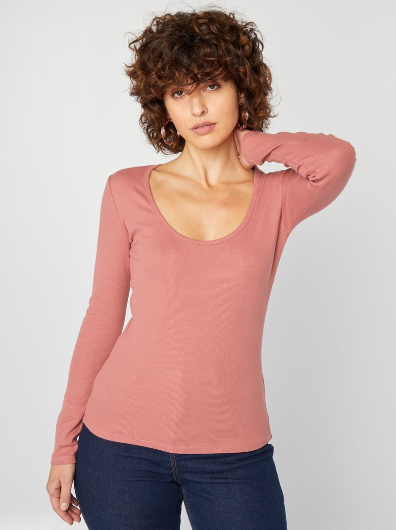 T-shirt a coste con scollo tondo ROSA - Kiabi