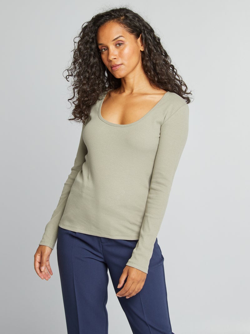 T-shirt a coste con scollo tondo VERDE - Kiabi