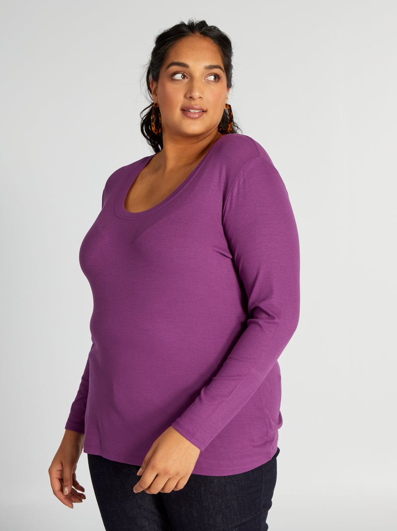 T-shirt a coste morbida e con scollo ampio prugna - Kiabi