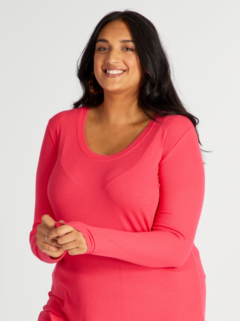 T-shirt a coste morbida e con scollo ampio Rosa - Kiabi