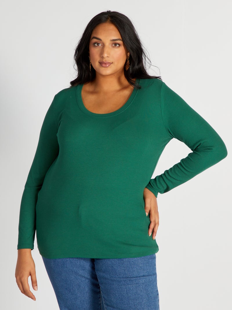 T-shirt a coste morbida e con scollo ampio Verde - Kiabi