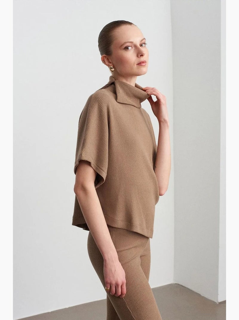T-shirt a costine collo alto manica corta dilvin Cammello - Kiabi