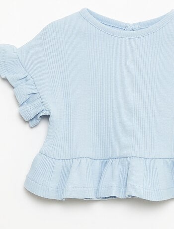 T-shirt a costine con bordi a volant