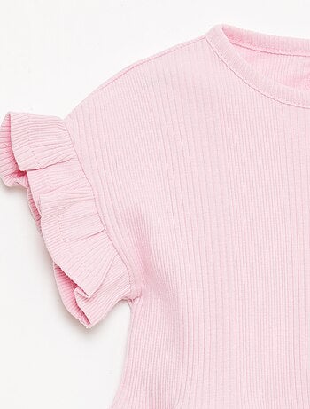 T-shirt a costine con bordi a volant