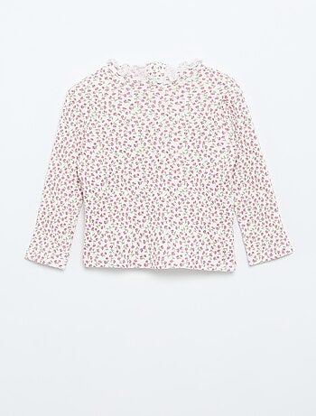 T-shirt a costine con colletto ondulato