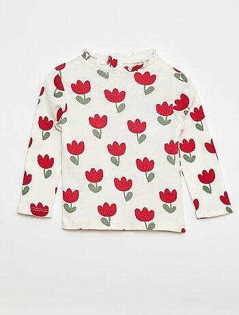 T-shirt a costine con colletto ondulato