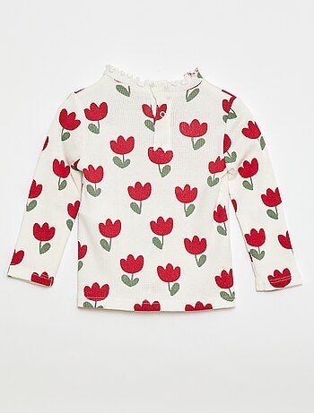 T-shirt a costine con colletto ondulato