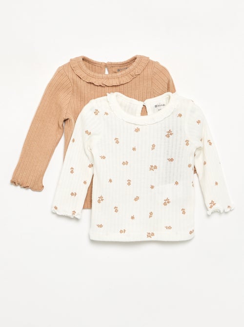 T-shirt a costine con collo e maniche a volant - Kiabi