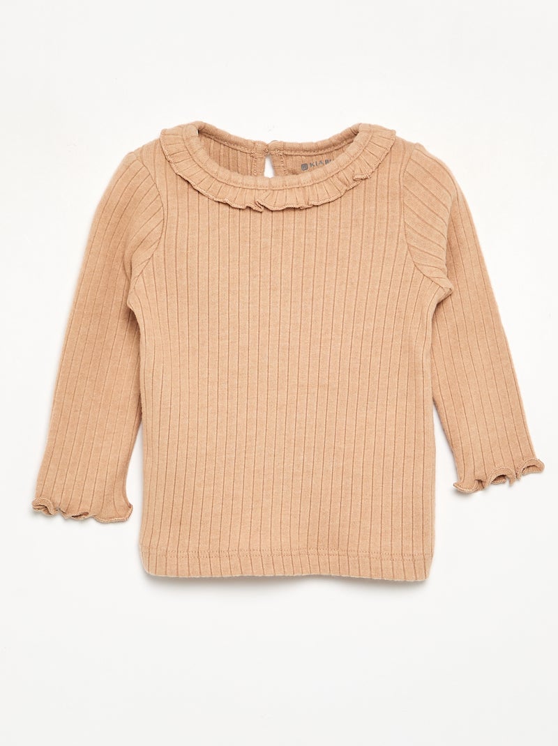 T-shirt a costine con collo e maniche a volant Beige - Kiabi