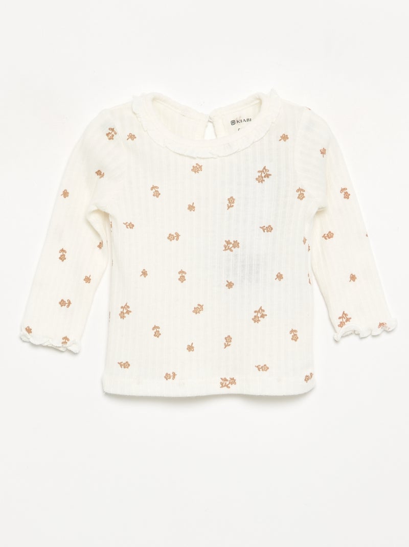 T-shirt a costine con collo e maniche a volant Beige - Kiabi